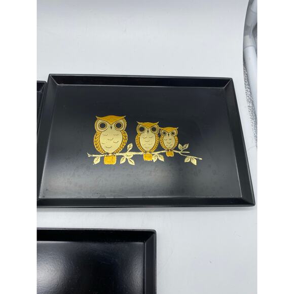 Vintage Otagiri Black & Gold set of 3 Owl Trinket Tray Japan - Retro - Picture 2 of 8